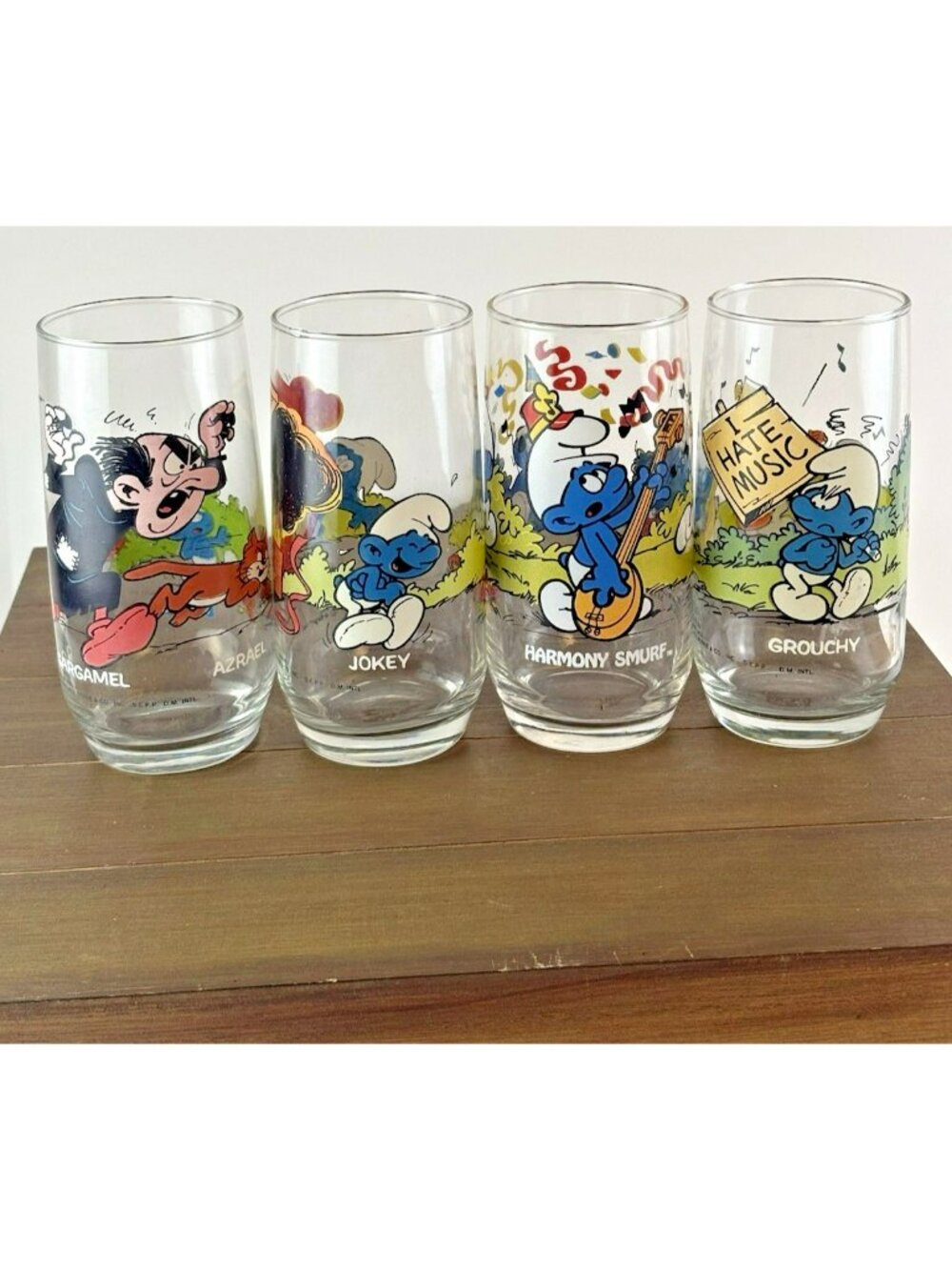 Vintage Hardees Smurfs Glasses Lot 4 1982 Peyo Wallace Berrie Gargamel Jokey